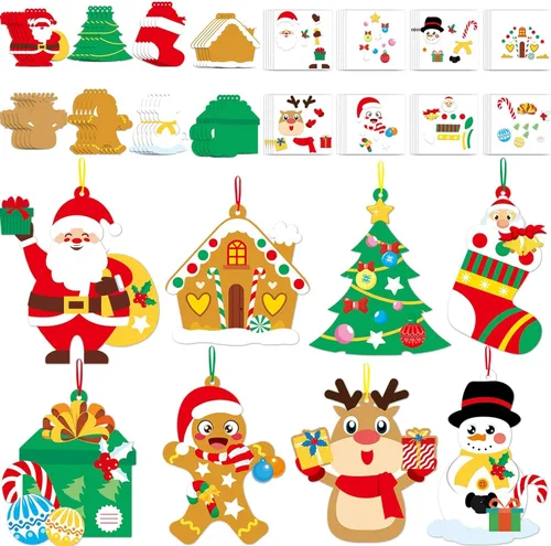 Qyeahkj Juego de 64 juegos de manualidades de Navidad para niños, adornos artísticos de Navidad a granel, haz tu propio árbol de Papá Noel, casa de