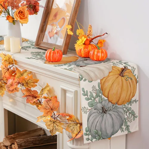 Miniatura 3 de Camino de mesa de otoño, eucalipto y calabaza, camino de mesa para otoño, Acción de Gracias, decoración de fiesta en el hogar, decoración de mesa