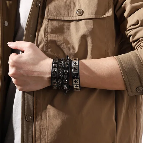 Miniatura 6 de Eigso Pulseras de cuero punk rock para hombres y mujeres, estilo retro, vintage, cadena de los años 80, para hombre y mujer