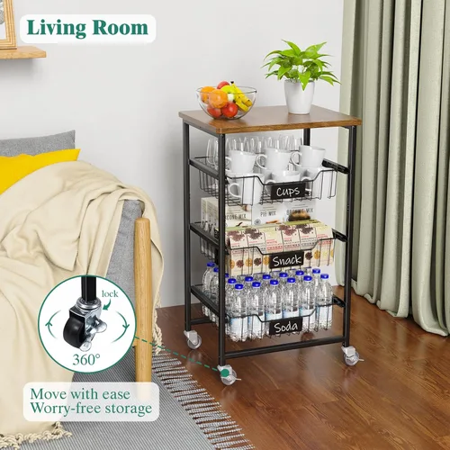 Miniatura 5 de CHLORYARD Cesta de frutas y verduras de 4 niveles, carrito rodante con ruedas con cestas extraíbles y parte superior de madera para cocina, comedor