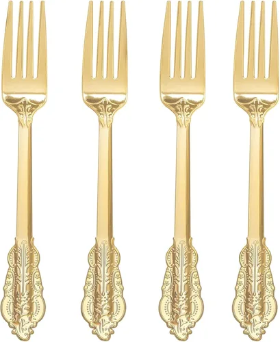 WDF 100 tenedores dorados desechables, tenedores de plástico dorado de 7.48 pulgadas, cubiertos de plástico barroco para pastel de postre,