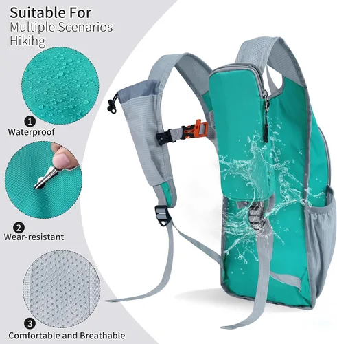 Miniatura 4 de Mochila de senderismo de 10L/15L, pequeña, ligera, plegable, para viajes, resistente al agua, para mujeres y hombres (Verde Lago, 10L)