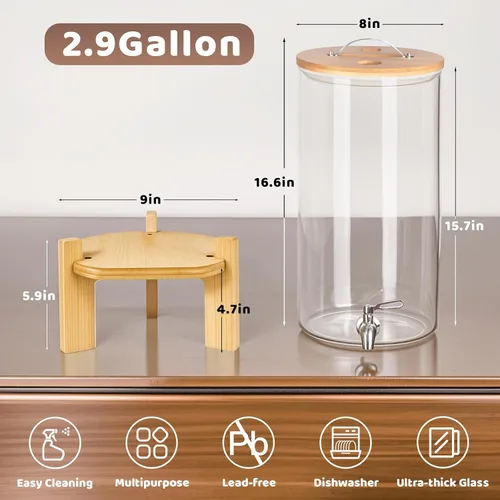 Miniatura 2 de Dispensador de bebidas de 2.9 galones, dispensador de bebidas de vidrio con soporte, dispensadores de bebidas para fiestas, dispensador de bebidas