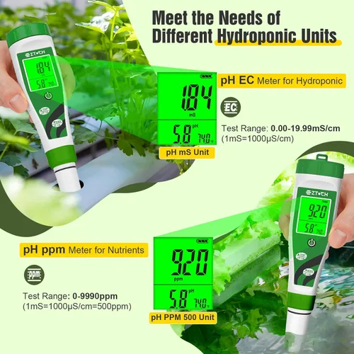 Miniatura 2 de Medidor de pH EC Hidroponico, Medidor de pH de Agua TDS PPM con Pantalla Simultánea para Solución Nutritiva de Reservorio, Medidor de pH EC