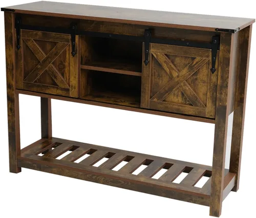 Miniatura 8 de Mesa de entrada de estilo granja con puertas corredizas de granero, mesa consola de madera con estante de almacenamiento, mesa de sofá rústica