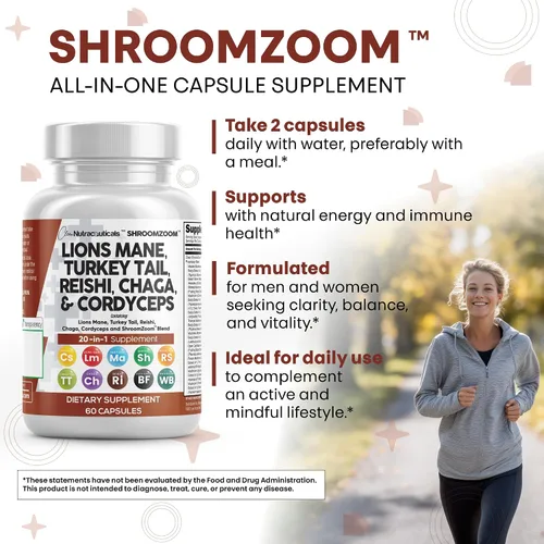 Miniatura 6 de Clean Nutraceuticals Suplemento de hongo 20 en 1 de melena de león con cola de pavo Reishi Cordyceps Chaga Maitake Meshima Poria Cocos Shiitake