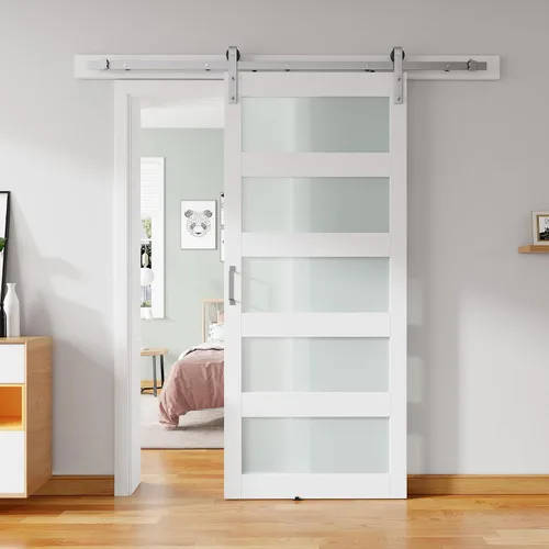 Miniatura 16 de Puerta de granero de vidrio de 32 x 84 pulgadas y kit de herrajes de 6 pies incluido, losa de puerta de granero blanco MDF con vidrio esmerilado