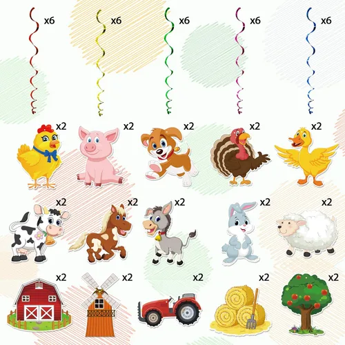 Miniatura 4 de Decoración de remolinos colgantes para fiestas de animales de granja, paquete de 30 pancartas colgantes de remolinos para decoración de animales