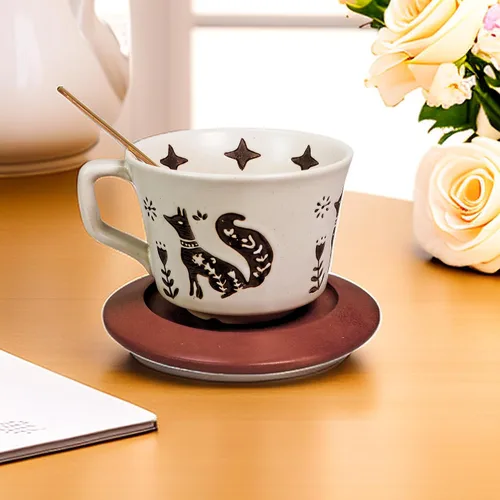 Miniatura 4 de Taza de café de cerámica vintage Taza de té de café de cerámica gruesa con platillo y cuchara de madera, taza de té y platillo de 12 onzas