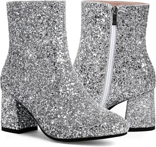 Miniatura 4 de MAVMAX Botines brillantes con lentejuelas para mujer, tacones gruesos, botines brillantes