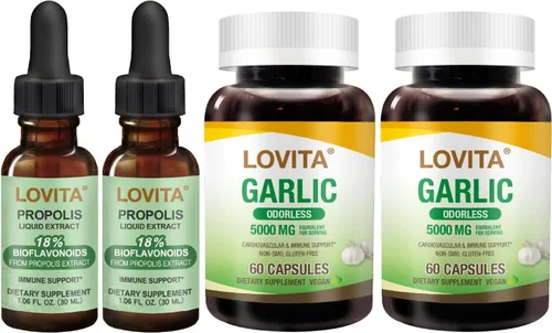 LOVITA Paquete Dual Wellness - 2 líquidos de propóleo y 2 botellas de ajo inodoras, alicina de alta potencia y propóleo sin alcohol (juego de 4