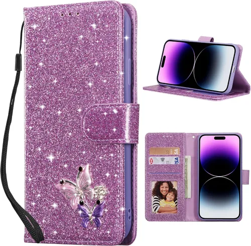 Miniatura 24 de UEEBAI Funda tipo cartera para iPhone 11, funda de piel sintética con purpurina para teléfono, ranuras para tarjetas, funda con función atril