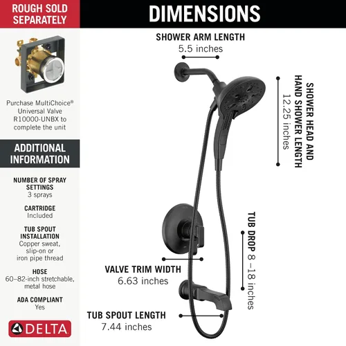 Miniatura 4 de Delta Faucet Tetra 17 Series - Juego de grifo de ducha y bañera de doble función color negro mate con cabezal de ducha 2 en 1 In2ition con rociador