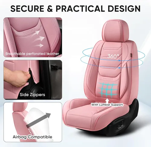 Miniatura 6 de TIEHESYT Fundas de asiento delantero de automóvil color rosa, par de fundas de cuero transpirable para asientos delanteros y reposacabezas, funda