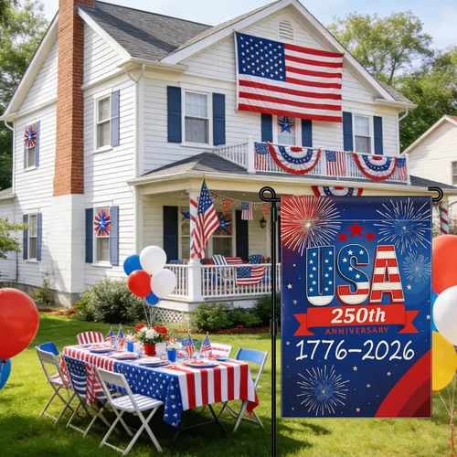 Miniatura 2 de Bandera de jardín con el 250 aniversario de Estados Unidos, bandera de Estados Unidos del 250 aniversario 1776-2026, bandera patriótica Azul