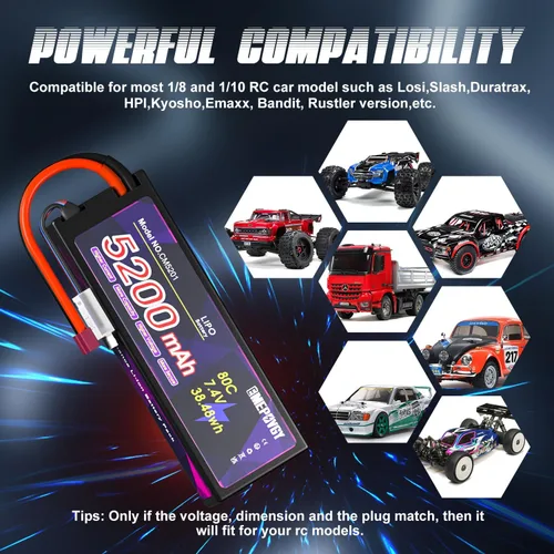 Miniatura 6 de Batería Lipo de 7.4V 2S 5200mAh 80C Lipos Estuche rígido con conector T para coches RC camiones 1/8 1/10 vehículos RC (2 paquetes)