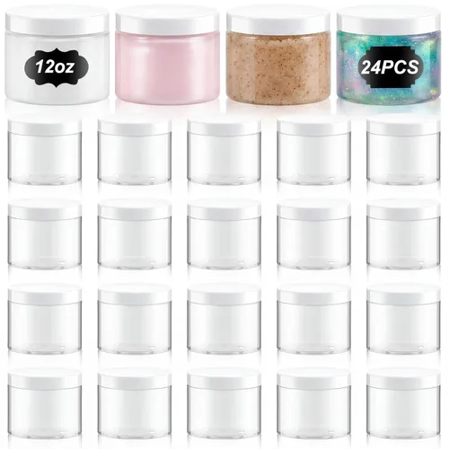 Miniatura 19 de Dandat 24 piezas 8 oz botes de plástico con tapa y etiqueta. Recipientes de muestra de cosméticos redondos ámbar PET recargables y vacíos para Ámbar