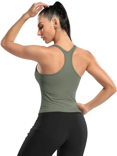 Miniatura 48 de ATTRACO Camiseta corta acanalada de entrenamiento para mujer con brasier integrado para yoga, espalda cruzada, ajuste ajustado