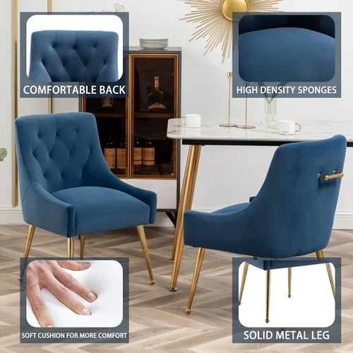 Miniatura 3 de Juego de 2 sillas de comedor, modernas sillas de comedor de terciopelo con patas doradas, elegantes sillas de acento acolchadas para recepción, sala