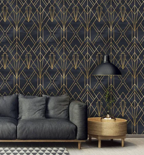 Miniatura 4 de Papel tapiz extraíble para despegar y pegar, mural de pared Art Deco autoadhesivo, líneas geométricas Art Deco, fondo negro acuarela
