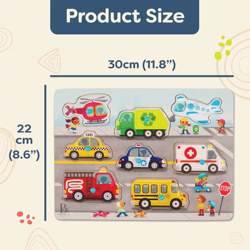Miniatura 6 de B. toys – Peek & Explore – Vehículos – Rompecabezas de clavija de madera para niños pequeños, niños – 8 piezas – Camión de bomberos, avión, taxi