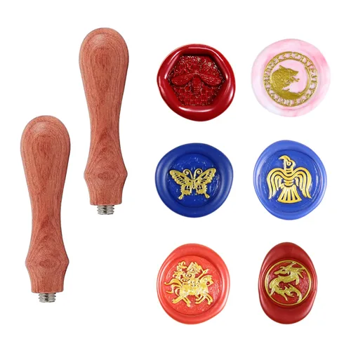 Miniatura 10 de Juego de 6 piezas de sello de cera de madera con cabeza de latón extraíble + 2 asas de madera + caja de cofre del tesoro de madera y cuero