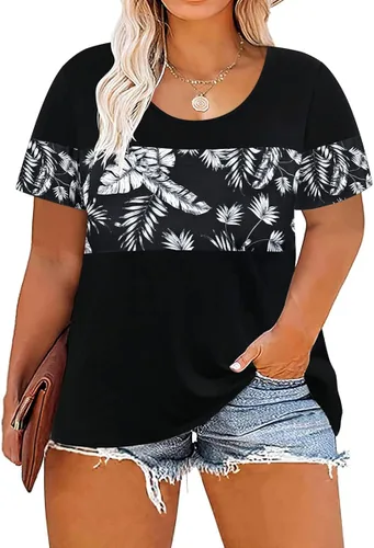 CARCOS Blusa de verano de manga corta para mujer, talla grande, color camuflajefloralleopardo, talla XL-5XL