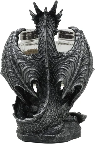 Miniatura 5 de Ebros Gift Juego de salero y pimentero gótico medieval, color negro, semimetálico, negro, estatua de 7.75 pulgadas de alto, figura de dragón