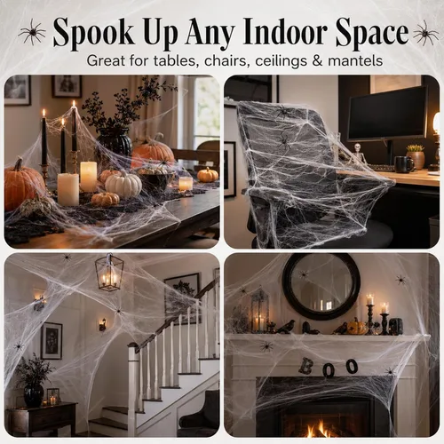 Miniatura 6 de MAQIHAN Telarañas de 1200 pies cuadrados para decoración de Halloween, telarañas de Halloween con 40 arañas falsas, telarañas súper elásticas