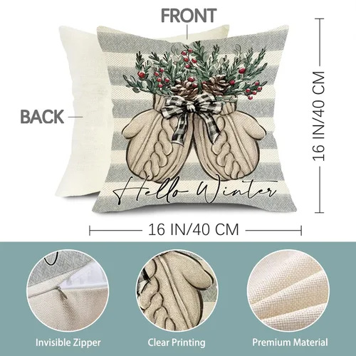 Miniatura 3 de Hello Winter Mitten - Funda de almohada decorativa gris de 16 x 16 pulgadas, guante, bayas rojas, rayas grises, porche, decoración del hogar al aire