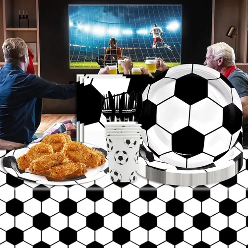 Miniatura 5 de Juego de vajilla de 146 piezas para fiesta de fútbol, platos y servilletas de fútbol, suministros para fiesta, decoración de fiesta de cumpleaños