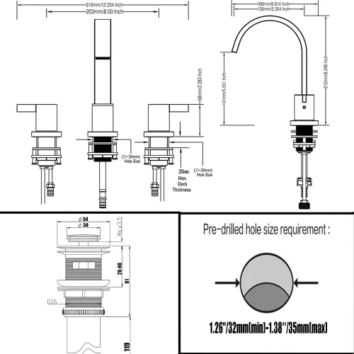 Miniatura 7 de Phiestina Grifo de lavabo de baño de oro cepillado generalizado de 8 pulgadas con 3 agujeros y 2 manijas con drenaje emergente de metal, WF040-1-BG
