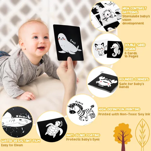 Miniatura 4 de URMYWO Juguetes con espejo para tiempo boca abajo, tarjetas de aprendizaje con estimulación visual, juguetes para bebés de alto contraste en blanco
