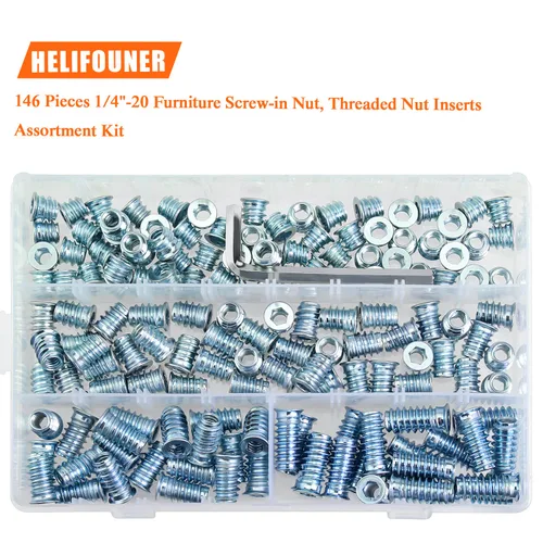 Miniatura 5 de Insertos roscados de 1/4-20, insertos de madera, insertos roscados de acero para tornillo de muebles de madera, kit de 145 piezas de insertos