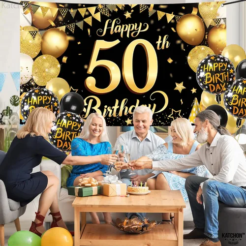 Miniatura 8 de KatchOn, Fondo de feliz cumpleaños 50, grande, 72 x 44 pulgadas, decoraciones de cumpleaños 50 negro y dorado Cartel de feliz cumpleaños 50