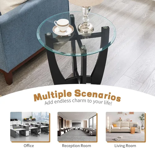 Miniatura 7 de LKTART Mesa auxiliar de vidrio, mesas auxiliares redondas de 23.5 pulgadas con superficie de vidrio templado cruzado y base de madera maciza, mesita