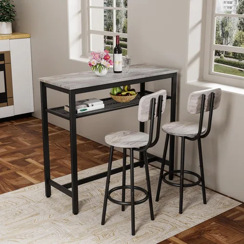 Miniatura 9 de LUMISOL Juego de mesa de barra de 3 piezas con almacenamiento para 2, moderno juego de mesa de comedor de metal con 2 taburetes, ahorra espacio