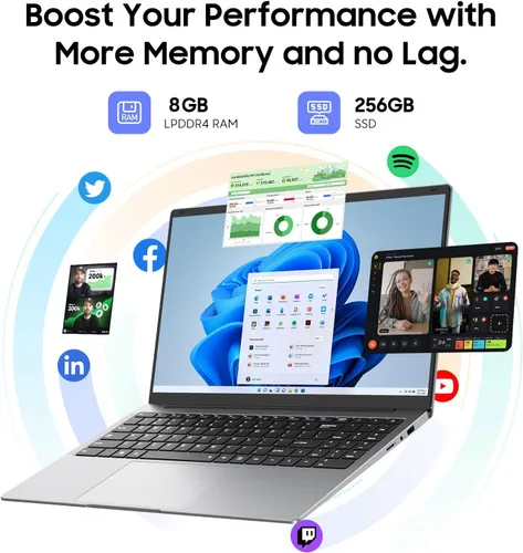 Miniatura 3 de AE86 Celeron N4000 - Portátil de 15,6 pulgadas, 8 GB de RAM y 256 GB SSD, pantalla Full HD 1080P, WiFi de doble banda, mini HDMI, cuaderno plateado