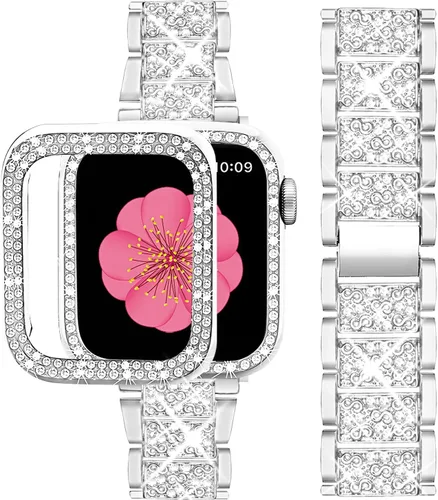 Miniatura 16 de SUPOIX - Correa compatible con Apple Watch de 1.49 pulgadas + funda, joyería para mujer con diamantes brillantes, bandas de metal y 2
