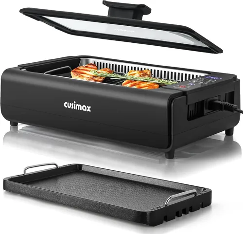 Parrilla eléctrica coreana sin humo para interiores, 1200 W, con placa extraíble antiadherente y plancha, pantalla inteligente LED, tapa de vidrio