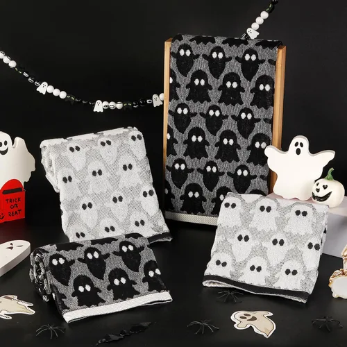 Miniatura 4 de Quera Paquete de 2 toallas de mano de Halloween, fantasma, color blanco y negro, juego de toallas decorativas para baño, para secar, limpiar
