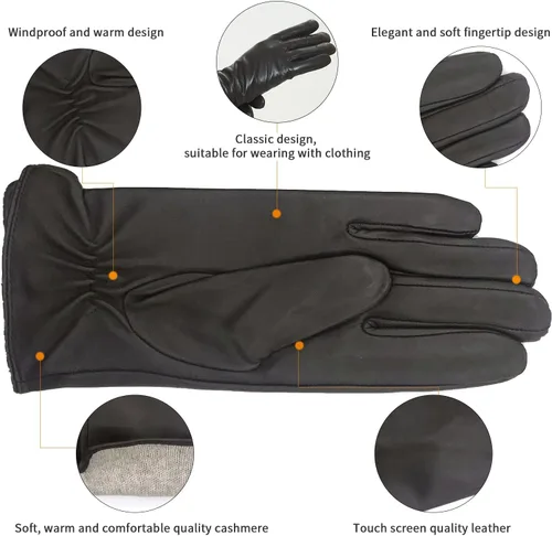 Miniatura 3 de ZLUXURQ Guantes de cuero suave italiano de lujo para mujer, guantes de piel de oveja genuina para mujer, guantes de clima frío con forro de cachemira