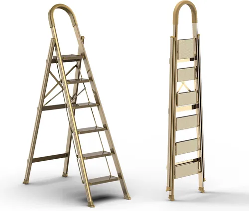 Miniatura 10 de escalera ligera de aluminio, de 6 peldaños, plegable, con peldaños anchos y antideslizante para uso en el hogar y la cocina, ahorra espacio (negro)