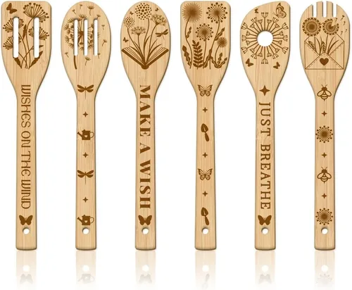 GLOBLELAND Juego de 6 cucharas de madera de diente de león con diseño de mariposa y bambú, utensilios de cocina de madera grabada, juego de