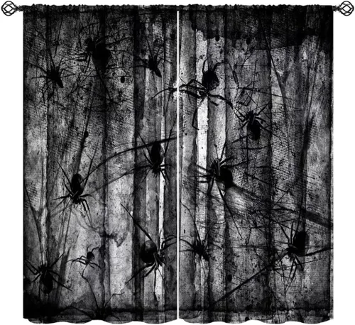 Cortinas de bosque espeluznante, arañas góticas de niebla, árboles muertos, telarañas de telarañas muertas, estilo de fiesta de Halloween, color