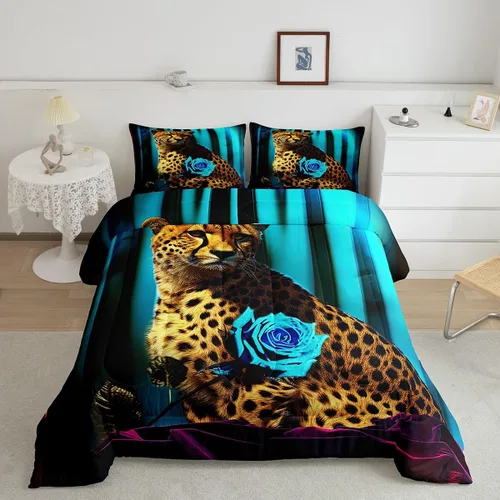 Miniatura 16 de Erosebridal Juego de ropa de cama de guepardo con rosa azul, juego de edredón con estampado de leopardo y gato, edredón romántico de plumón