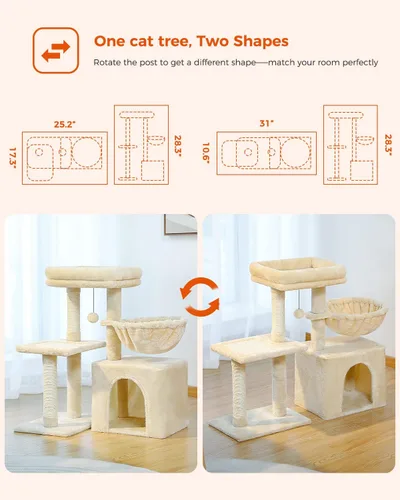 Miniatura 2 de PEQULTI Pequeño Árbol para Gatos, [72.4 cm] Torre para Gatos de Interior, Árbol de Actividad de 2 Estilos con Postes para Rascar, Gran Hamaca y Beige