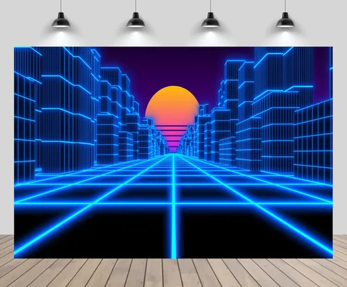 15x10ft Cyber Landscape Backdrop Blue City Retro Futuristic 80's Neon Cyberpunk Laser Grid Sun Background Comic Game Punk Birthday Wedding Party