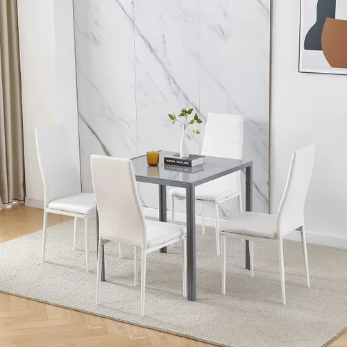 Miniatura 7 de Juego de 4 mesas de comedor y sillas de comedor de cristal negro de 5 piezas, moderna mesa cuadrada de cocina pequeña y 4 sillas de comedor que