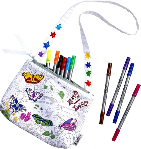 eatsleepdoodle Bolsa cruzada de mariposa para colorear DIY para niños con marcadores lavables, bolsa coloreable reutilizable para niñas y niños,